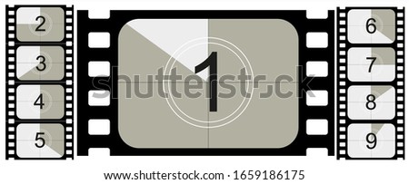 Movie countdown, vintage silent film and blank full frame still photography film realistic thirty five millimeters proportions, set of icons. Vector illustration EPS 10