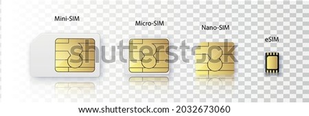 SIM card. Smart cellular wireless communication gsm chip, electronics and telecommunication microchip design on white. Classification and types of SIM card