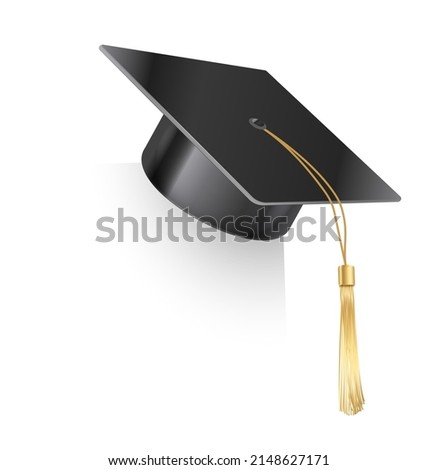 Vector realistic mortar board hat with golden tassel. Graduation cap. University graduation black hat. Academic education symbol, high University bachelor headware