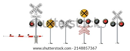 Road signs and railroad crossing barriers are used in the United States.traffic light, Railway barriers close isolated on white background, design concept for start up, business solutions,