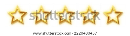 Five stars gold icon. Stars rating review icon.Vector stars set of realistic metallic golden stars isolated on white background. Symbol wye of leadership. Vector illustration