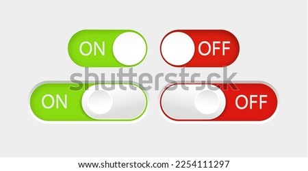 On and Off slider buttons. Red and green switch interface buttons. Vector