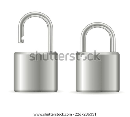 Metallic padlocks set. Steel silver closed and open padlock isolated. Chrome locks template.Vector