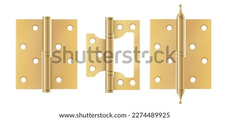 Golden door hinges construction hardware. Realistic set of gold tools for joint gates and windows.metal hinges for house and furniture. vector