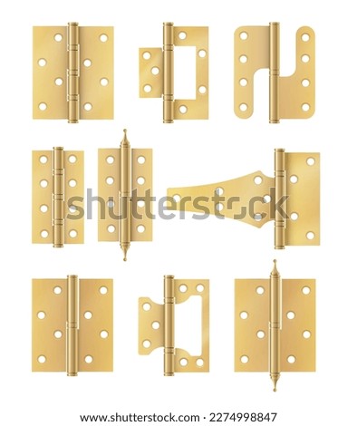 Golden door hinges construction hardware. Realistic set of gold tools for joint gates and windows.metal hinges for house and furniture. vector