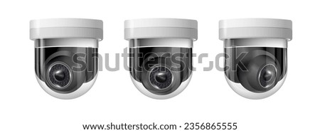 Surveillance camera round white circular view of the hanging fixture. Security camera. Vector illustration