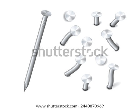 Nails hammered into wall steel straight and bent metal hardware spikes. Hobnails with grey caps top view isolated on transparent background. Vector