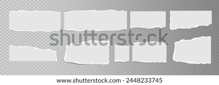 Realistic ripped white paper sheets isolated on transparent background. Torn blank pages with uneven texture. Vector