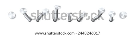 Nails hammered into wall steel straight and bent metal hardware spikes. Hobnails with grey caps top view isolated on transparent background. Vector