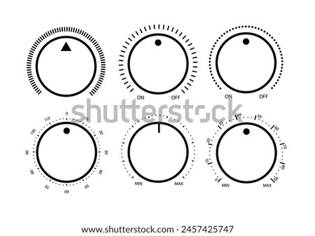 Adjustment dial. Rotary dials with round scale volume level knob and round controller.