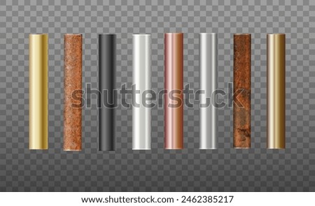 Pipes Set of metal. Pipe profiles in steel, cast iron, aluminum, copper and brass. Rusty Pipe. Vector