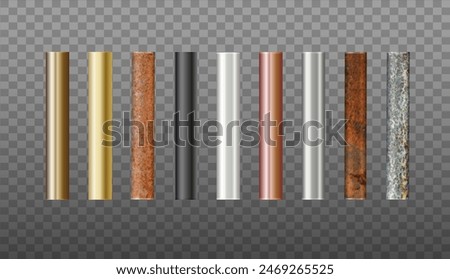 Pipes Set of metal. Pipe profiles in steel, cast iron, aluminum, copper and brass. Rusty Pipe. Vector