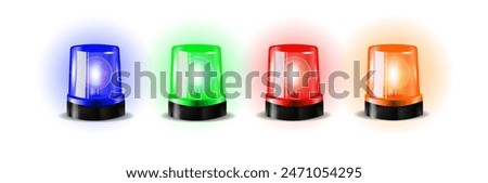 Red and blue flashers green and orange Siren Vector. Realistic Object. Light Effect. Beacon For Police Cars Ambulance, Fire Trucks. Emergency Flashing Siren.