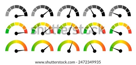 Speedometer gauge meter icons. Vector scale, level of performance. Speed indicator .Infographic of risk, gauge, score progress.