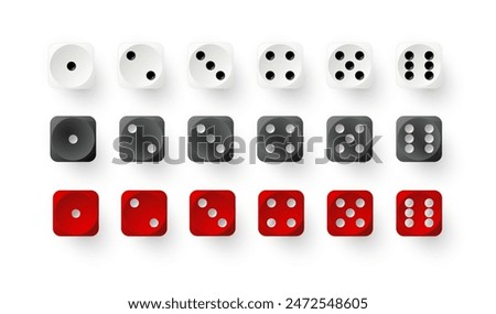 Dice game with red white and black cubes. Realistic gambling objects to play in casino, dice from one to six dots. Vector