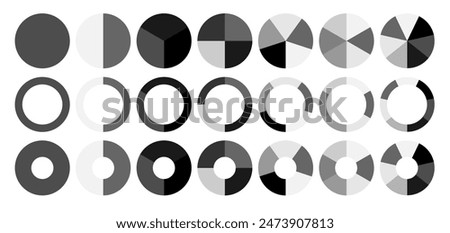 Segment infographic. Pie chart icons. 2,3,6,10,20 circle section graph. Wheel round diagram part symbol. Vector