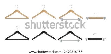 Clothes hanger isolated on white background. Wooden hanger Realistic vector clothes hanger wooden hanger closeup isolated on background. Design template, clipart or layout for graphics. Vector