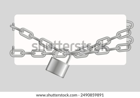 Padlock and chain. Gray metal chain and padlock, handcuffed card, vector