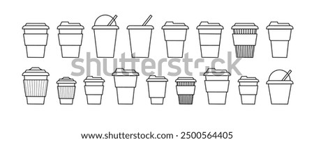 Coffee cup line and flat style. Disposable coffee cup. Coffee paper cup container for hot and cold drink juice tea cocoa. Vector