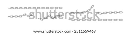 Free metal chain with whole or break steel chrome links. Collection of seamless metal chains colored silver. Vector