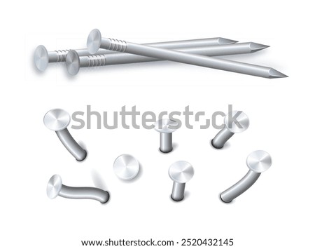 Nails hammered into wall steel straight and bent metal hardware spikes. Hobnails with grey caps top view isolated on transparent background. Vector