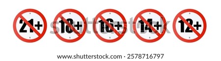 Adults content only age restriction plus years old icon signs flat style design vector illustration. age plus and adults only concept symbols. Sensitive content. Vector