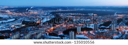 Vilnius city night aerial view - Lithuanian capital by bird eye.