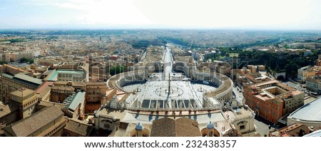 ROME, ITALY - MAY 31: Aerial view of Rome city from St Peter Basilica roof to Peter\'s square on May 31, 2014, Rome, Italy.
