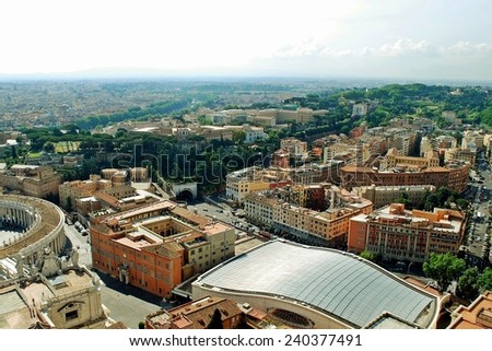 ROME, ITALY - MAY 31: Aerial view of Rome city from St Peter Basilica roof on May 31, 2014, Rome, Italy.