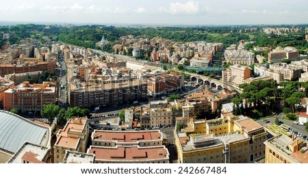 ROME, ITALY - MAY 31: Aerial view of Rome city from St Peter Basilica roof on May 31, 2014, Rome, Italy.