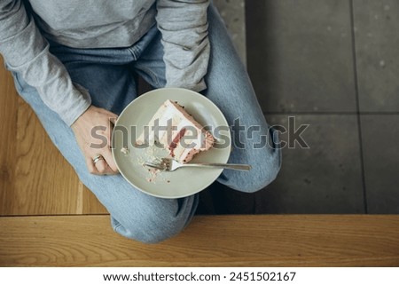 Similar – Image, Stock Photo Woman eating delicious cheesecake with jam