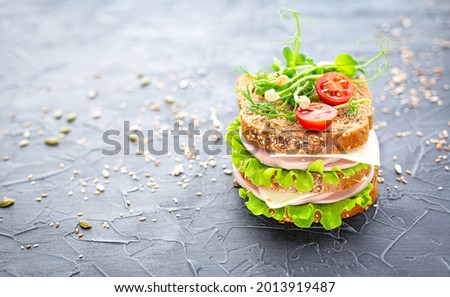 Traditional double sandwich of grain bread with sausage, cheese, herbs, cherry tomato and sesame seeds on a dark textured background. School lunch, fast food. Delicious sandwich for the cafe menu.