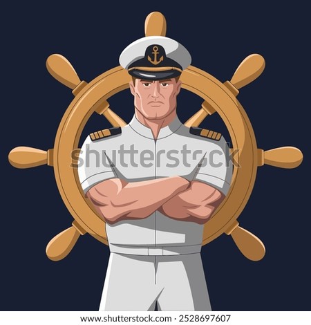 Serious captain in uniform standing before a ship wheel.