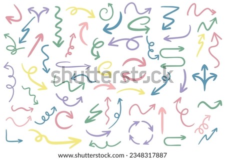 Set of various hand-drawn arrows. Different shapes and thicknesses. Bright colors that can be easily changed to any other color. Vector illustration