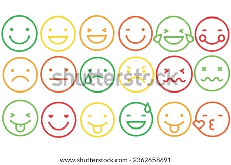 Emoticons icons set. Emoji faces collection. Emojis flat style. Happy happy, smile, neutral, sad and angry emoji. Line smiley face. Vector illustration