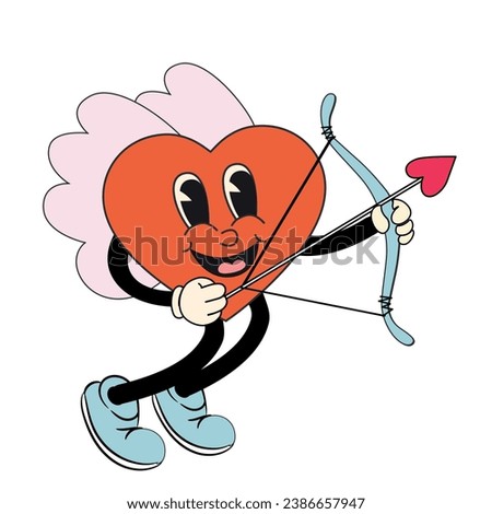 Retro groovy cartoon  lovely heart sticker. Heart cupid with bow and arrow. Valentines day. Funky happy heart character in trendy retro 60s 70s cartoon style. For poster, card, print, and itc.