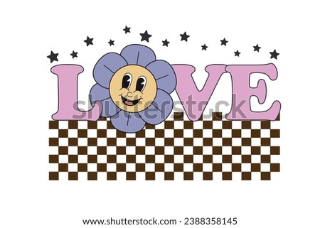 Groovy lovely posters with hearts character. Love concept. Funky background in trendy retro 60s 70s cartoon style.  For poster, card, print, and itc. Vector illustration