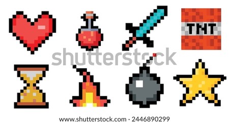 8-bit pixel game graphics set. Potion bottles, fire flame, sword, torch, emerald and heart. Objects for a pixel game. The concept of games background. Minecraft concept. Vector illustration 