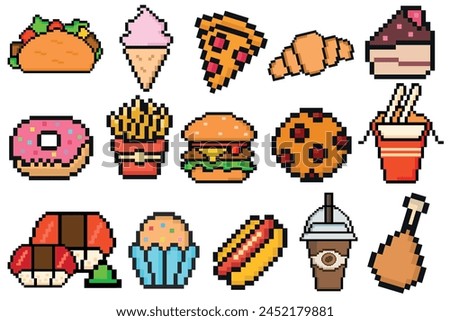 Fast food pixel art set of icons, fast restaurant pixelated elements burger, hot dog, taco, pizza. Vintage game assets 8-bit sprite 