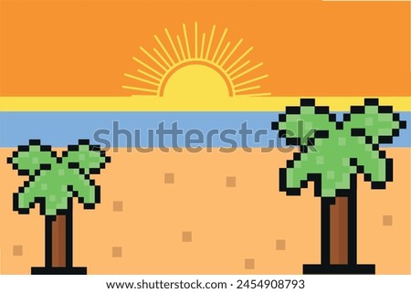 Pixel Summer vacation landscape. Palm trees at sunset in pixel art style. 8 bit landscape of palm trees on the shore in the style of 90s video games. Design for print, banner and app. 