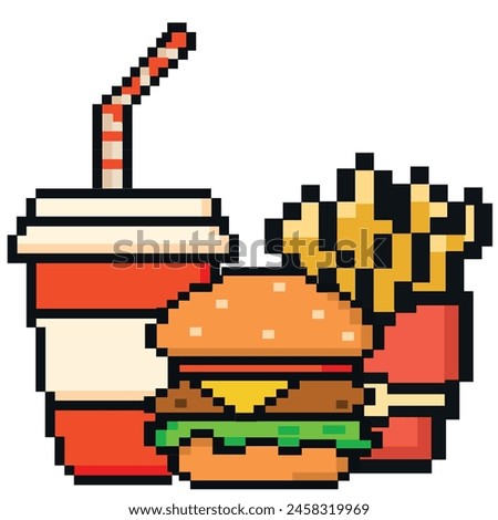 Fast food pixeled art hamburger, french fries, and a drink.  Trendy retro pixel art design style. 80s-90s, digital vintage game style. Vintage game assets 8-bit sprite. 