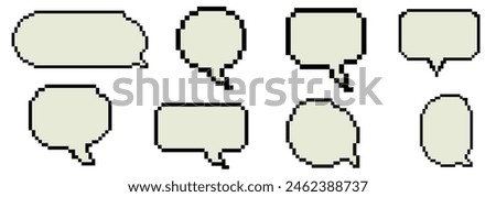 Pixel speech bubbles dialog box set in old computer style. Pixel-based 8-bit graphics of the 90s games. Vector illustration. Template for social networks, banners, stickers, collages.