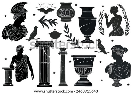 Antique aesthetics statues of mystical god, olive branches, ruined columns and pottery. Vector  illustrations of antique statues in trendy bohemian style. For poster design, wall, pattern, collage.