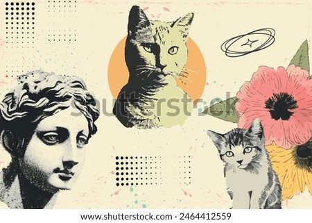 Antique aesthetics statues and cats in sunglasses. With monochrome vintage photocopy effect, y2k collage. Stipple halftone retro design elements. Vector illustration for grunge punk surreal poster. 