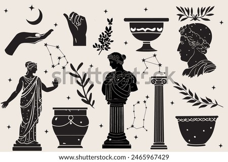 Antique aesthetics statues of mystical god, olive branches, ruined columns and pottery. Vector illustrations of antique statues in trendy bohemian style. For poster design, wall, pattern, collage