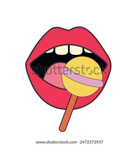 Pop art mouth sucking a lollipop. Mouth licking lollipop, female pout lips and violet candy on a stick, sticker in the pop art style
