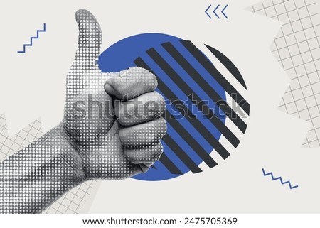 Trendy Halftone Collage Hand showing Thumbs up gesture on geometric background. Like sign. Finger up. Customer positive feedback. Business success. Contemporary vector art illustration 