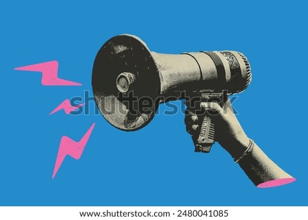 Halftone collage hand a hold loudspeaker. Breaking news concept or sale announce. Isolated Contemporary vector illustration