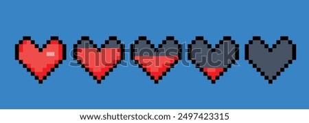 Pixel heart game health bar with decreasing red hearts on a blue background.  Life or energy levels in a retro video game style. Vector 8 bit life bar with red hearts retro 80s, 90s gaming interface. 