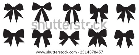 Black silhouette bow set. Collection  bow designs in various styles and shapes, perfect for festive decorations and gift wrapping